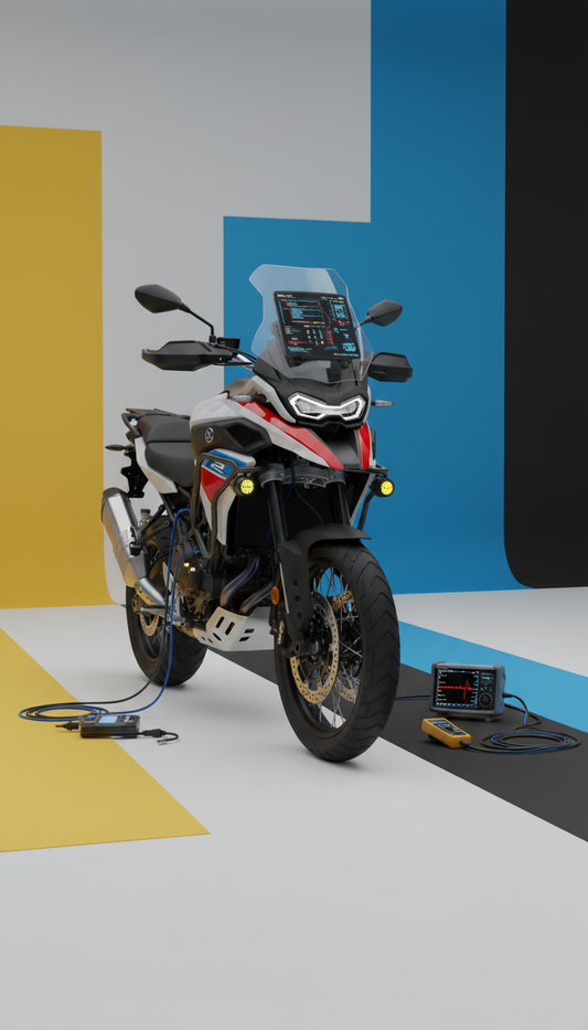 Adventure bike diagnostics package with advanced electronic analysis